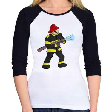 Imagem de Baby Look Raglan Bombeiro Manga 3/4 - Foca na Moda, Branco, Preto, P