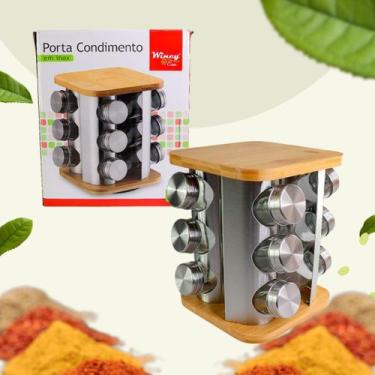 Imagem de Porta tempero Giratório Inox com Base de Bambu 12 Potes  - Fratelli