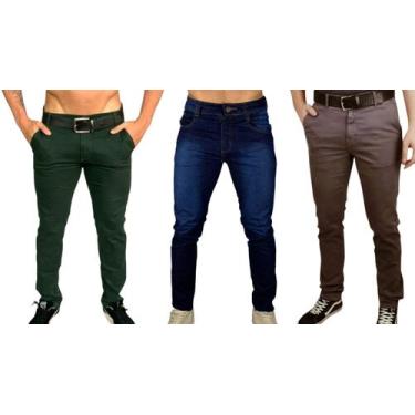 Imagem de Kit 3 calça masculina slim com lycra caqui bordo marrom skinny - empor