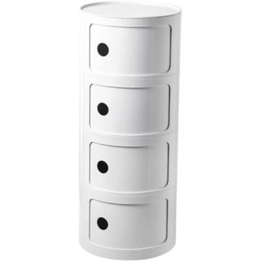 Imagem de Mesa de cabeceira redonda de plástico de 2/3/4 níveis de armazenamento com gavetas e porta deslizante armário de cabeceira moderno nórdico para quarto, branco, 32 x 76 cm