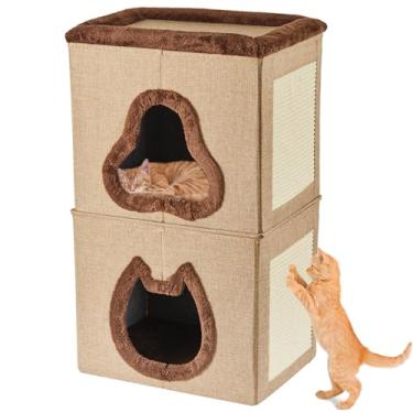 Imagem de GUATTINE Casa para Gatos de 2 Andares, Casa para Gatos para Gatos de Interior, Camas Cobertas para Gatos com Caverna Escondida E Almofada para Arranhar, Casa para Gatos Moderna Dobrável para Vários An