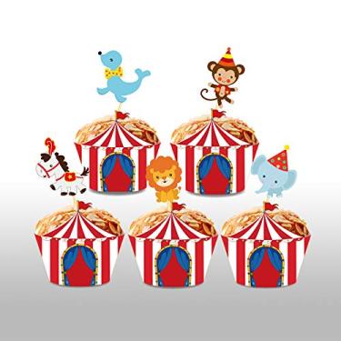 Imagem de 40 conjuntos de wappers de cupcake de carnaval e topos de cupcake, suporte de copo de papel para decoração de festa de aniversário de desenho animado
