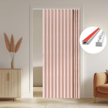 Imagem de AJAZZ 100% blackout porta sanfonada invisível portas sanfonadas interior cortina magnética para quarto sala de estar conjuntos de cortinas de entrada incluídos trilhos (1 painel, 53L x 79 C, rosa)