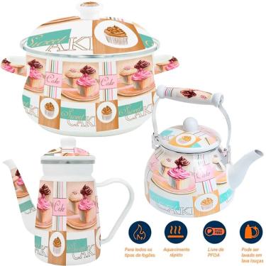 Imagem de Trio Panela Bule Chaleira Cake Esmaltados À Indução Vintage
