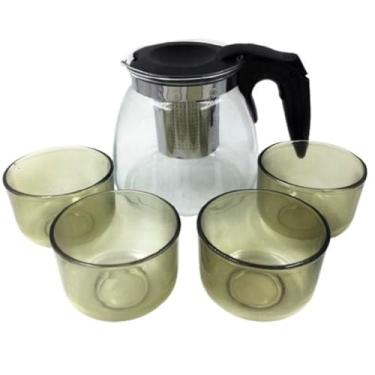 Imagem de Conjunto de Chá com Chaleira de Vidro e Infusor, 1 Bule de 1L e 4 Xícaras Âmbar, 5 Peças