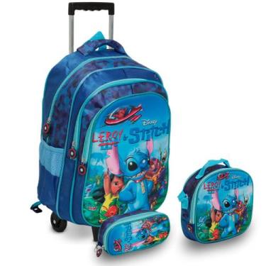 Imagem de Kit Mochila Infantil Stitch Rodinha Resistente Tam G 3 Pçs - Plike