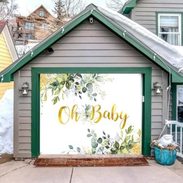 Imagem de Greenery Capa de porta de garagem para chá de bebê decoração de fundo 2,1 x 2,4 m floral folhas verdes ouro Oh Baby Garage Door Cover Outdoor Baby Shower Gênero Revelar decoração de porta de garagem