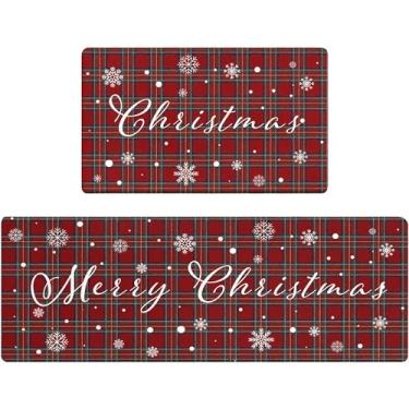 Imagem de AMM Conjunto de 2 tapetes de cozinha de Natal, xadrez de búfalo, antifadiga, floco de neve de inverno, decoração de cozinha de Feliz Natal, antiderrapante, acolchoado com espuma viscoelástica