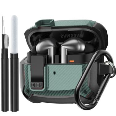 Imagem de Capa compatível com Samsung Galaxy Buds 3 Pro/Bud 3 com kit de limpeza, capa protetora militar com trava e mosquetão para Galaxy Buds 3/3 Pro 2024 masculino feminino preto e verde