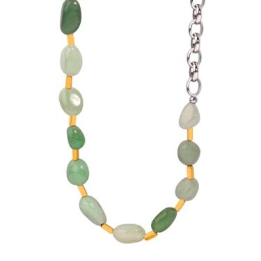 Imagem de Karmiir Colar de pedra natural para mulheres – Colar de contas de pedra verde feito à mão de 40,6 cm, colar de pedra preciosa de aço de titânio banhado a ouro para mulheres, joia fashion boho