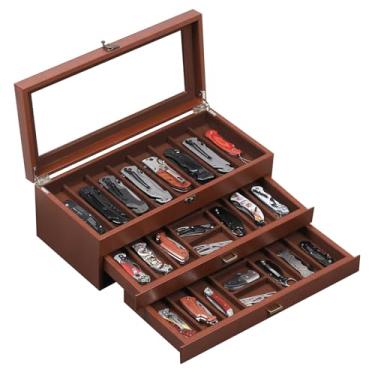 Imagem de AUTOARK Organizador de facas de couro PU e veludo de 3 camadas com 26 compartimentos, tampa e gaveta de vidro transparente, armazenamento compacto para canivetes, ideal para coleções e presentes