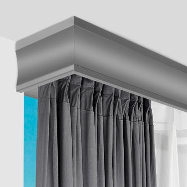 Imagem de Sistema de correio de cortina de janela de função tripla com haste de metal de comprimento personalizada e montagem decorativa de parede branca, teto de cinza, 4,4m (14,4ft)