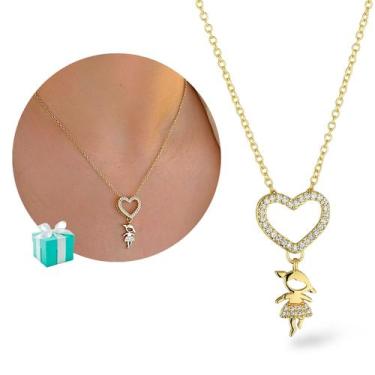 Imagem de Colar Feminino Pingente Coração Filho Cravejado Banhado ouro - Santo E