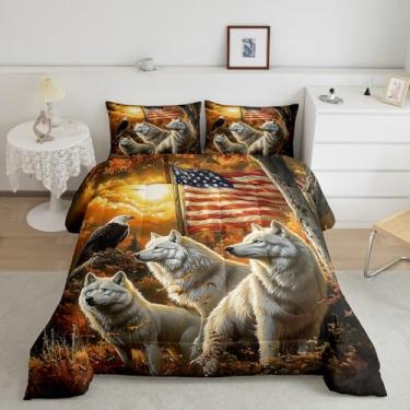 Imagem de Manfei Jogo de cama queen com tema de caça na selva, animais de safári, rústico, bandeira americana, edredom acolchoado para crianças, adolescentes, meninas, decoração country vintage, 2 fronhas