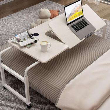 Imagem de Mesa sobreposta com rodas e altura ajustável, mesa de computador extensível para cama cruzada, estação de trabalho ajustável – carrinho de laptop de comprimento e altura, mesa pequena para cama