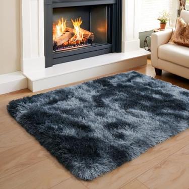 Imagem de KING DARE Tapetes de área pequena para quarto, tapete felpudo 5 x 7 lavável, tapete felpudo macio antiderrapante para dormitório, cabeceira, armário, decoração de quarto de meninas, meninos, azul e