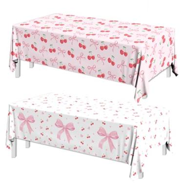 Imagem de Guzbewu Toalha de mesa com laço, 2 peças de toalhas de mesa de cereja, com laço rosa, impermeável, descartável, para aniversário, chá de bebê, decoração de festa com tema de cereja