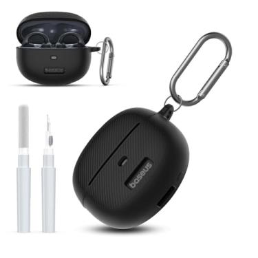 Imagem de WADVCU Capa para Baseus Bowie MC1 com kit de limpeza, capa protetora de silicone à prova de choque com logotipo visível compatível com Baseus Bowie MC1 capa de carregamento de fones de ouvido abertos