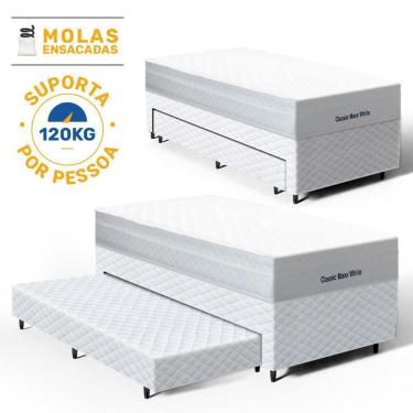Imagem de Cama Box com Colchão de Molas Ensacadas Classic Maxx White + Auxiliar de Espuma Unique Solteiro 88cm