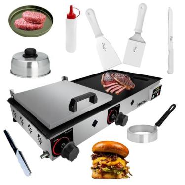 Imagem de Kit Chapa Prensa 70x30 Pra Fazer Lanche Porção Hotdog + utensílios - L