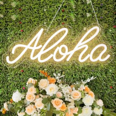 Imagem de JIURUIFFC Aloha Neon Light Aloha Warm White Neon Sign para Decoração de Parede - 14,9 "X5,9" Luzes Decorativas de Arte Neon Led 3D com Operação Usb para Quarto, Quarto de Bebê, Bar de Clube e Decoraçã
