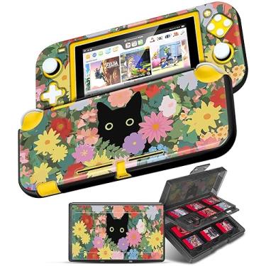 Imagem de Gurgitat 2 in 1 for Nintendo Switch Lite Case Protector - 24 Game Card Holder Case & Switch Lite Protective Cover Cute Funny Cartoon Hard Shell for Girls Boys Women Men, Flowers Black Cat