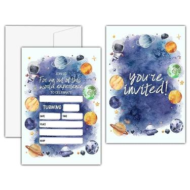Imagem de KFNER Convites de aniversário do espaço sideral, cartão de convite de festa de aniversário de astronauta menino menina, lembrancinhas de festa de aniversário de planetas e suprimentos de celebração