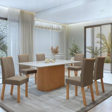 Imagem de Conjunto Luar 170cm Tampo MDF com Vidro e 6 Cadeiras Apogeu Amêndoa Clean/Off White/Bege