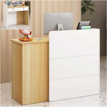 Imagem de Balcão De Recepção De Canto Patchwork Multifuncional Caixa Gaveta Com Trava Design De Defletor Arredondado Estação De Trabalho De Computador Balcão De Varejo Moderno, Natural, 100cm