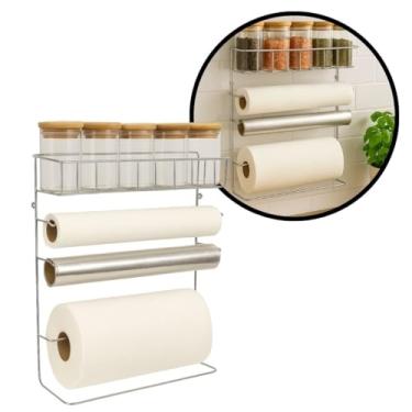 Imagem de Araminas - Suporte Para Cozinha 4 em 1 Aço Cromado Porta Rolos com 5 Potes Vidro Hermético Tampa Bambu 90ml - Mundial Casa