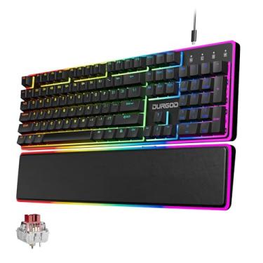 Imagem de Teclado mecânico para jogos DURGOD TGK021, teclado com fio de 104 teclas com descanso de pulso magnético, retroiluminação RGB, interruptor vermelho linear de troca quente para PC/Mac/laptop