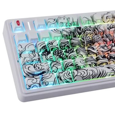 Imagem de Tsungup Teclas PBT, 138 teclas personalizadas com estampa de dragão legal, teclas laterais impressas, cereja perfil, conjunto de teclas para teclado 60% 65% 75% 80% 100% MX Switches mecânico (branco)