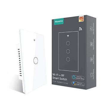 Imagem de MoesGo Interruptor inteligente de parede de 2ª geração WiFi RF433 Smart Touch com um único fogo, sem necessidade de fio neutro, compatível com o aplicativo Smart Life/Tuya, funciona com Alexa e Google Home Single Pole 110V Branco 1 entrada