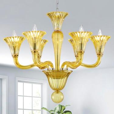 Imagem de SM Saint Mossi Lustre De Cristal Com 6 Lustres, Luminária Moderna Para Sala Jantar, Pendente Verde-Amarelo Quarto E Estar, D24Xl24Xa22, Soquete E12