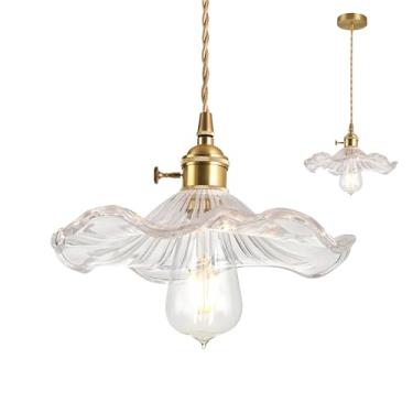 Imagem de XIRYTU-H Luminária Pendente De Vidro Vintage 9'' Com Folha Lótus, Floral Altura Ajustável, Suporte Latão E26, Iluminação Teto Flores Fazenda Para Ilha Cozinha, Sala Jantar, Corredor (Transparente)