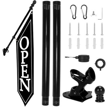 Imagem de Kit de bandeira aberta com mastro - Banner aberto de lona resistente para loja comercial, placa dupla face externa de 106 x 30 cm com suporte - Sinalização publicitária para varejo e lojas (preto)