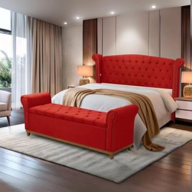 Imagem de Kit Cabeceira e Baú Grécia, Veludo Bege, Estilo Capitonê, 178x140cm, com Revestimento em Veludo e Espuma PRO 30 (Vermelho)
