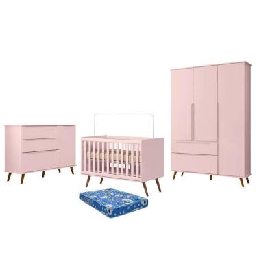 Imagem de Dormitório Melinda Guarda Roupa, Cômoda E Berço Retrô Rosê Acetinado Com Colchão Physical - Phoenix Baby Rosê Acetinado