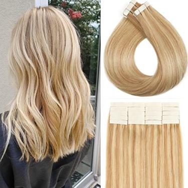 Imagem de Extensões de cabelo humano com fita adesiva, 40 cm, 50 g/pacote, 20 peças de trama de pele sem costura, cabelo liso Remy, castanho claro, mistura com alvejante loiro, fita sedosa natural, extensões de cabelo humano