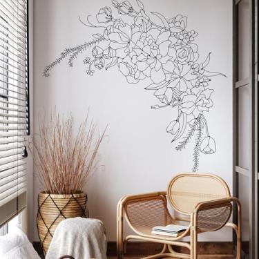Imagem de funlife Decalques de parede de flores com design original, descasque e cole, decoração de parede de linha de vinil feito à mão para quarto feminino, grande peônia preta fosca grande