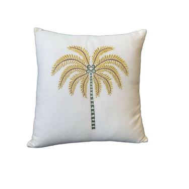 Imagem de Almofada Linho Bordada Coqueiro Dourado 45x45cm Com Enchimento Cru