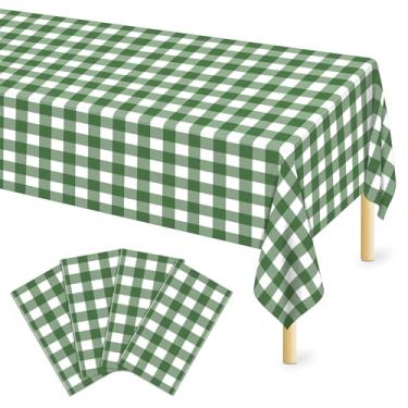 Imagem de Mulbozy Toalha de mesa verde sálvia guingão, pacote com 4, toalha de mesa de plástico de 137 x 272 cm, descartável, verde sálvia e branca, capa de mesa quadriculada para artigos de festa