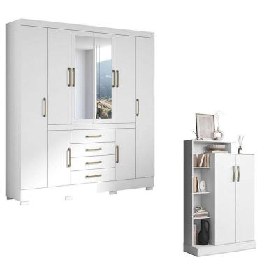 Imagem de Guarda Roupa Casal Nápole 2045149 e Armário Multiuso Florença 2000199 Branco Brilho - Aramóveis
