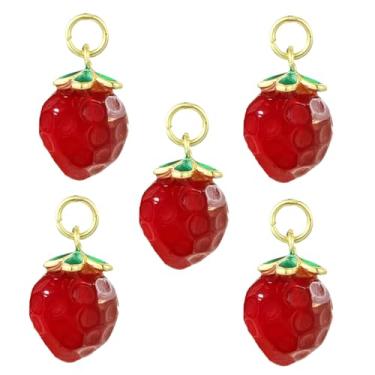Imagem de Stiesy 5 peças pingentes de ágata natural morango pingente de pedra preciosa de morango amuleto de fruta vermelha com laço de latão para joias, pulseira, colar, brincos, fazer artesanato DIY
