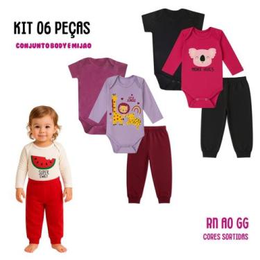 Imagem de Kit 6 peças Roupa Bebê Body e Mijão com punhos, menino e menina Suedin