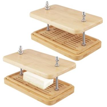 Imagem de TAICHEUT 2 peças de prensa de tofu de bambu, prensa de tofu de 3 camadas com bandeja coletora e apertadores de dedo de aço inoxidável para prensa de tofu de madeira de 227 a 473 ml para cozinha, fazer