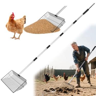 Imagem de Colher de cocô de galinha para areia – Colher de galinheiro de 25 x 17 cm com alça de aço inoxidável ajustável (91 – 170 cm), pá de cocô resistente, pá de peneiramento de areia para limpeza de