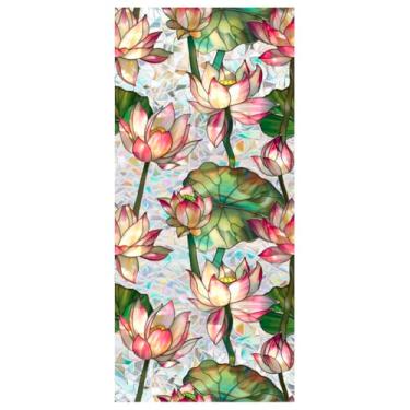 Imagem de JOONOR Película de privacidade retrô de flores de lótus, decalques de vitrais coloridos florais de privacidade, arco-íris, decoração com bloqueio de sol, adesivos removíveis de aderência estática, 40