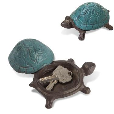 Imagem de Escondedores de chave sobressalentes fora de ferro fundido tartaruga porta-chaves oculto para exterior, quintal, pátio, esconder uma chave e decoração de jardim, azul antigo