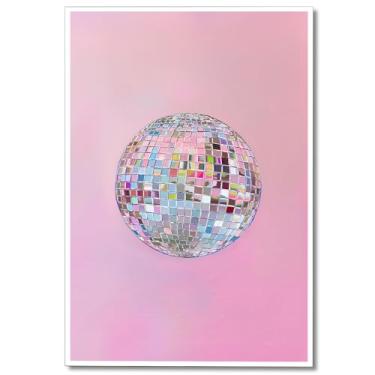 Imagem de Arte de parede em tela de bola de discoteca rosa macia moderna garota descolada prata mirrorball pôster texturizado maximalista impressão vintage 70s bar carrinho decoração de parede para dormitório